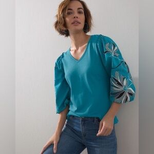 Embroidered Puff Sleeve Tee - Chico's Size 2 Medium Teal Blue floral embroidery